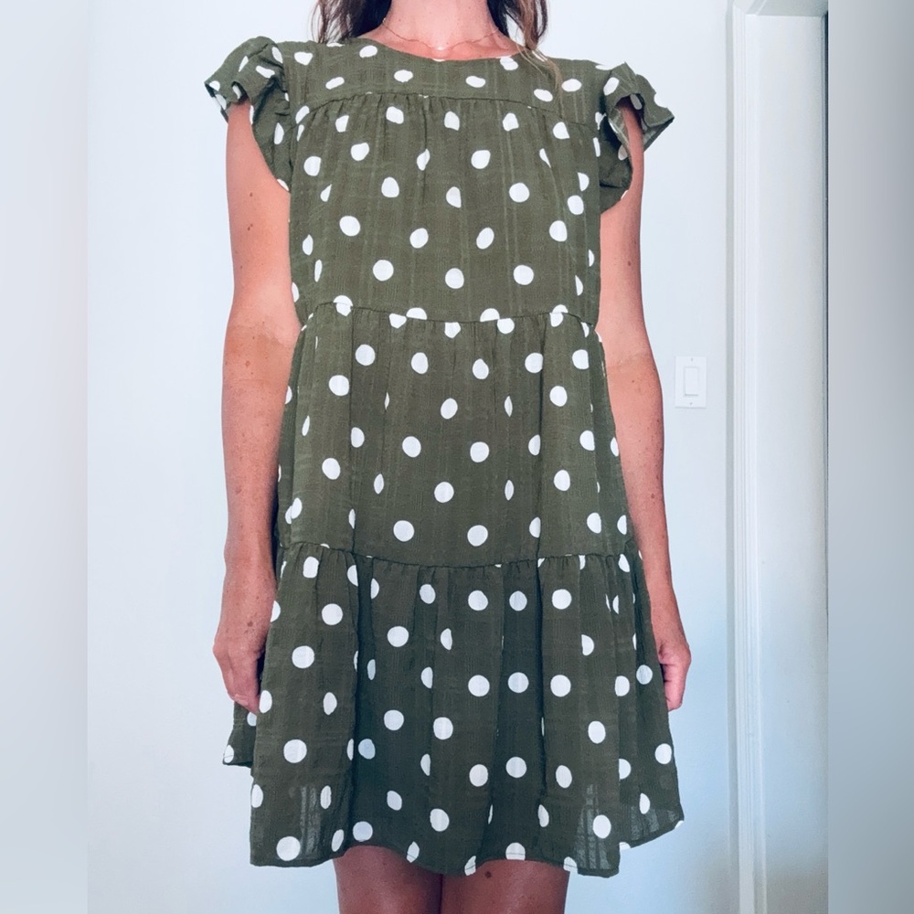 Mine Polka Dot Ruffle Sleeve Dress - Olive and White Fall size S